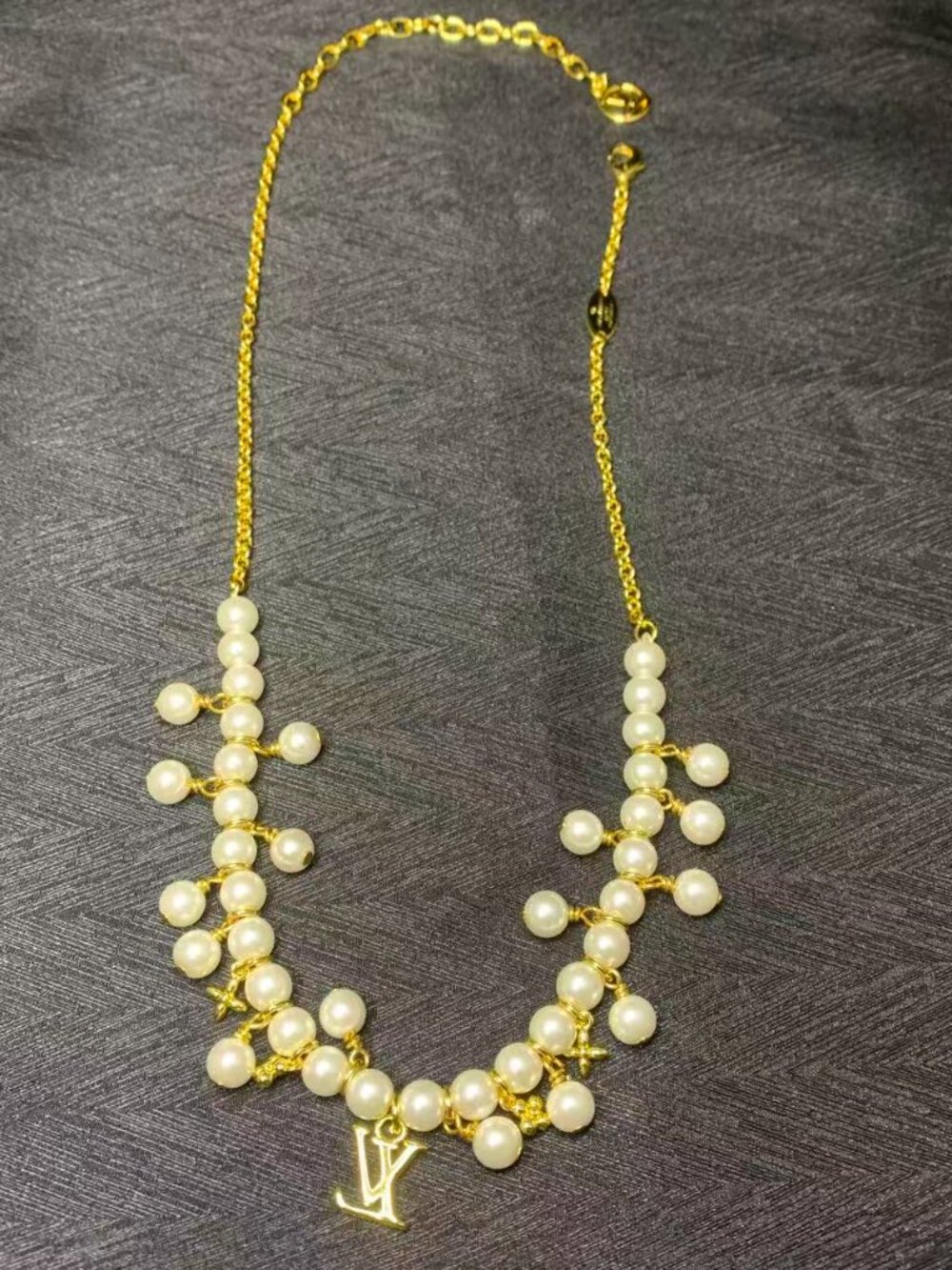 Louis Vuitton Gold-Tone Pearl Necklace LV Monogram Charms